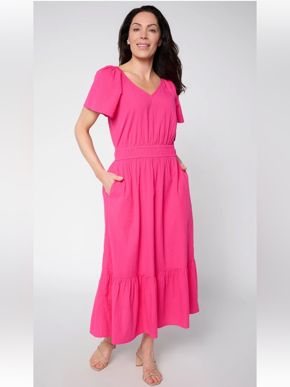 Mally Roncal Petite Summer Lovin Seersucker Maxi Dress Sz M Pink Flutter Sleeve